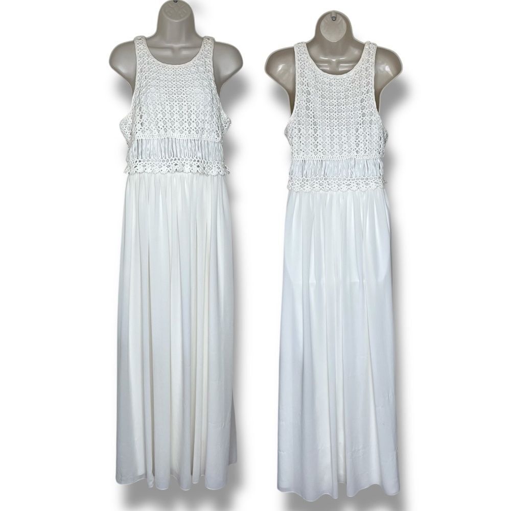 Belle Badgley Mischka Crochet Lace Sleeveless Maxi Chiffon Ivory Dress 10 FLAWS
